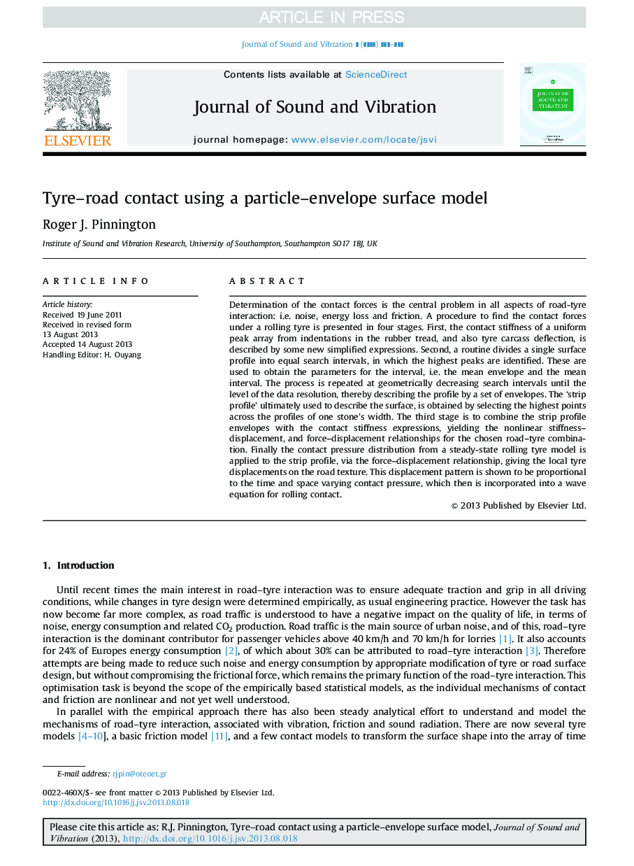 Tyre-road contact using a particle-envelope surface model