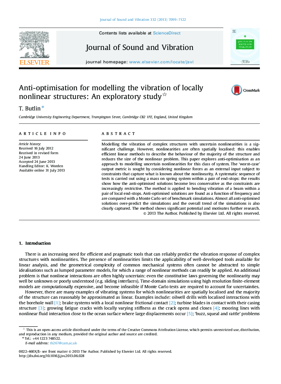 Anti-optimisation for modelling the vibration of locally nonlinear structures: An exploratory study