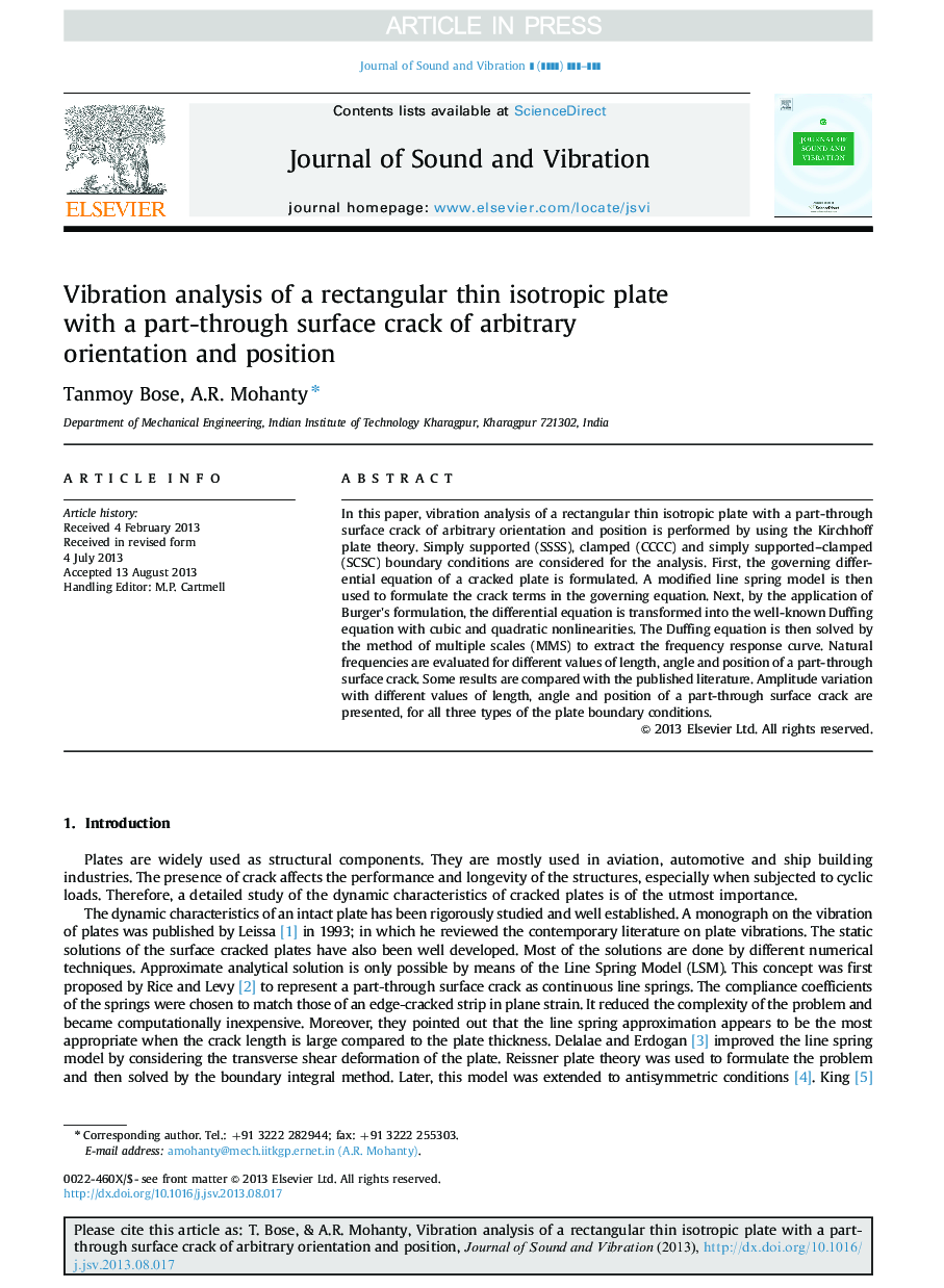 Vibration analysis of a rectangular thin isotropic plate with a part-through surface crack of arbitrary orientation and position