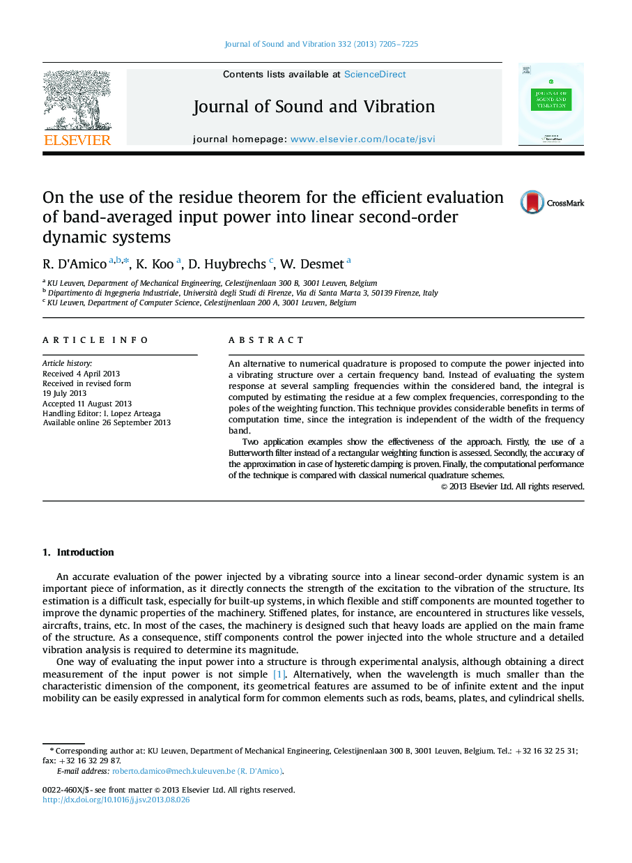 On the use of the residue theorem for the efficient evaluation of band-averaged input power into linear second-order dynamic systems