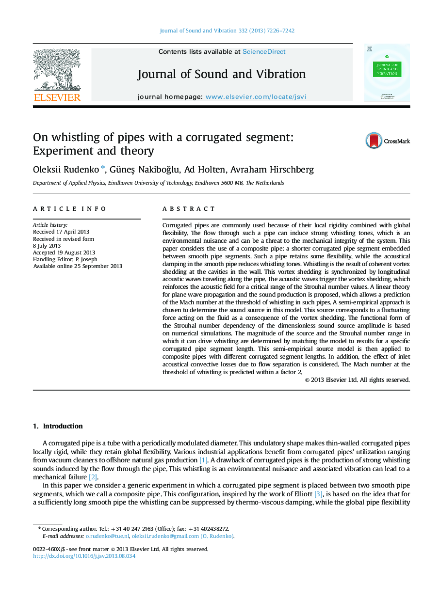 On whistling of pipes with a corrugated segment: Experiment and theory