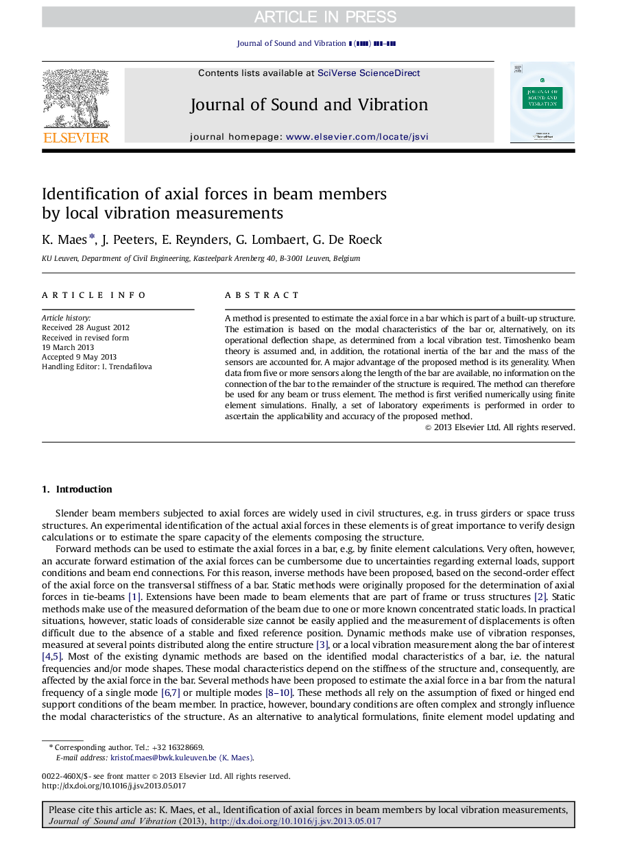 Identification of axial forces in beam members by local vibration measurements