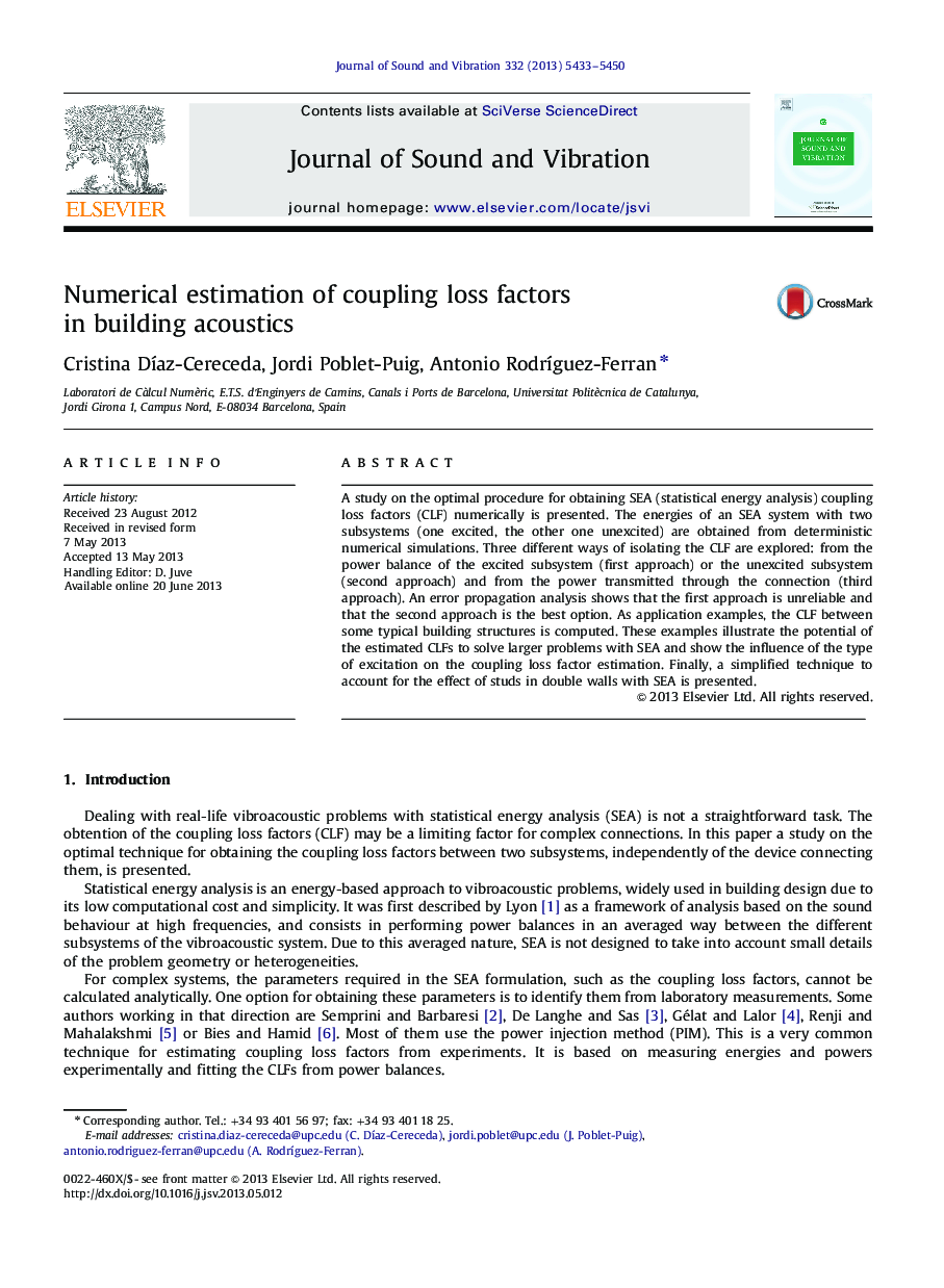Numerical estimation of coupling loss factors in building acoustics