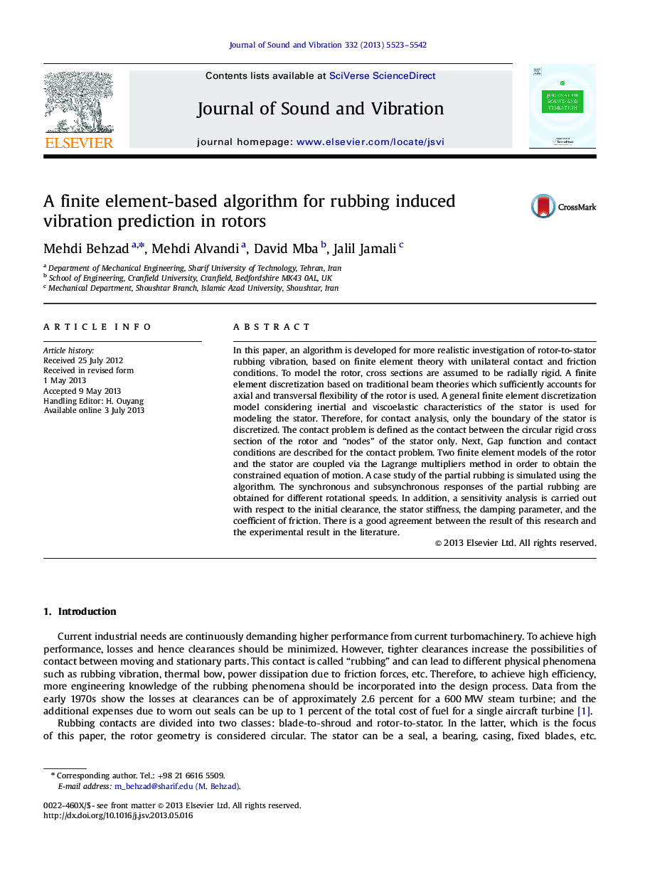 A finite element-based algorithm for rubbing induced vibration prediction in rotors