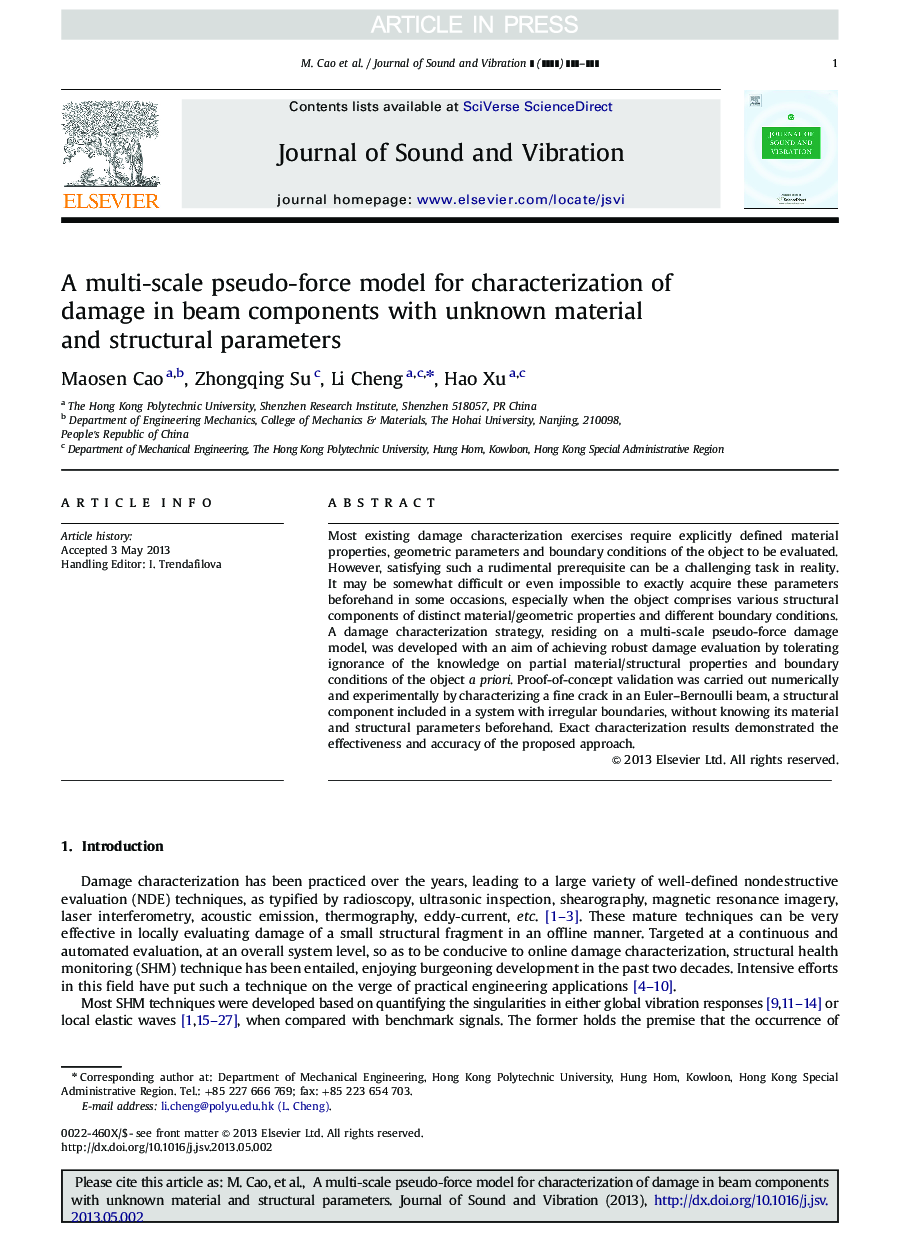 A multi-scale pseudo-force model for characterization of damage in beam components with unknown material and structural parameters