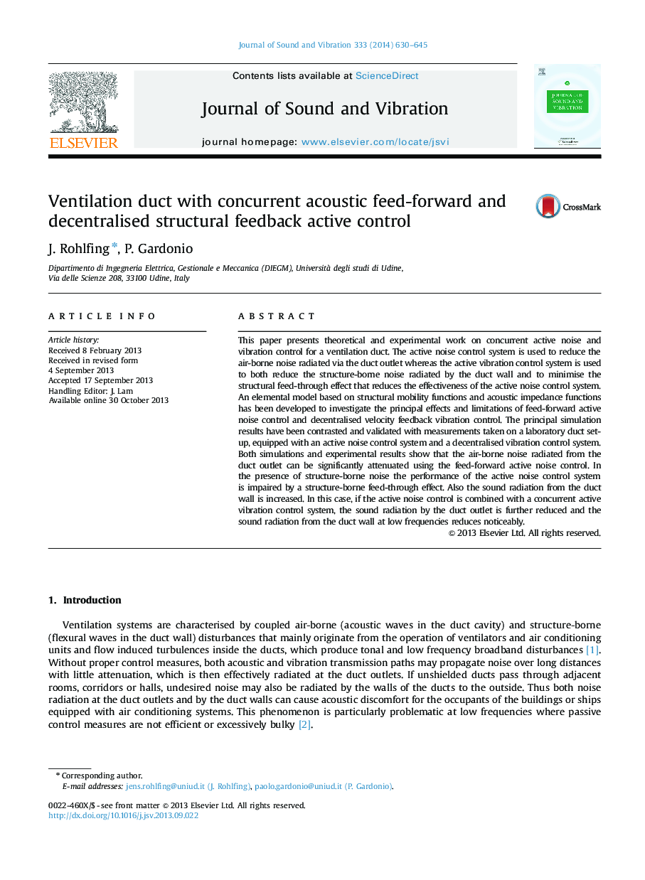 Ventilation duct with concurrent acoustic feed-forward and decentralised structural feedback active control