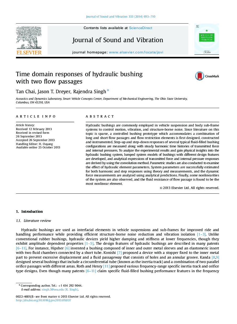 Time domain responses of hydraulic bushing with two flow passages