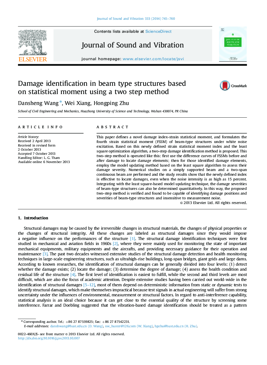 Damage identification in beam type structures based on statistical moment using a two step method