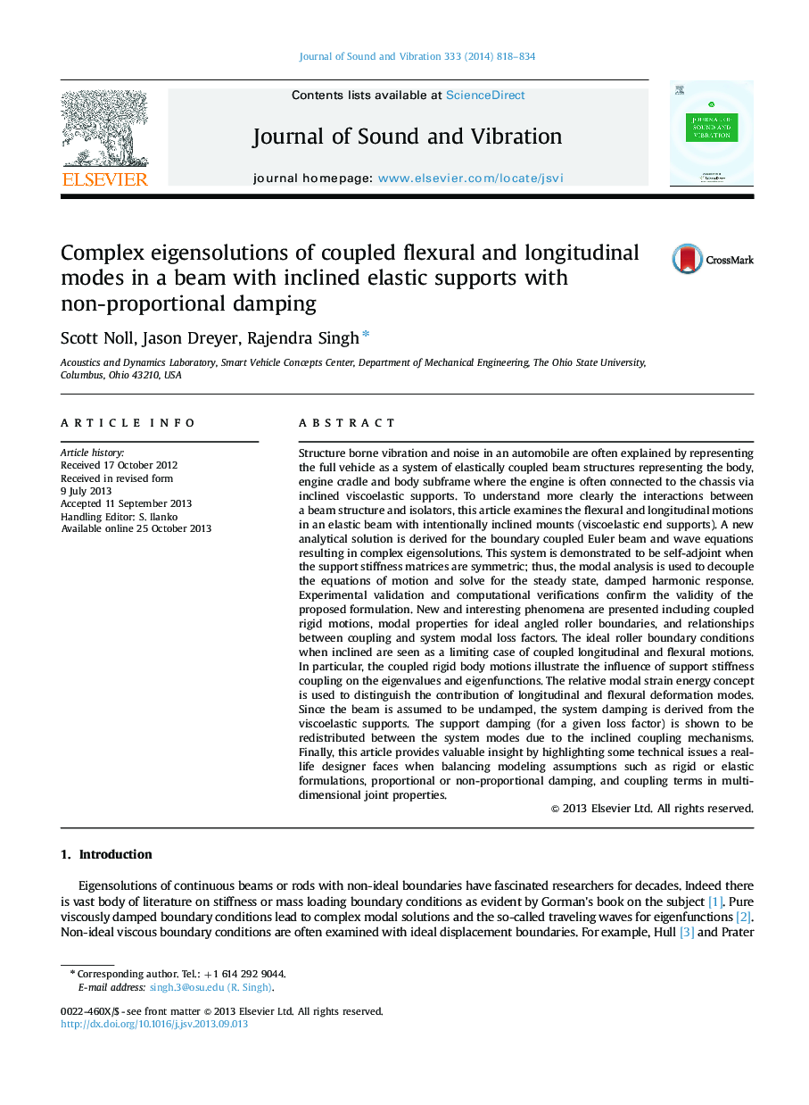 Complex eigensolutions of coupled flexural and longitudinal modes in a beam with inclined elastic supports with non-proportional damping
