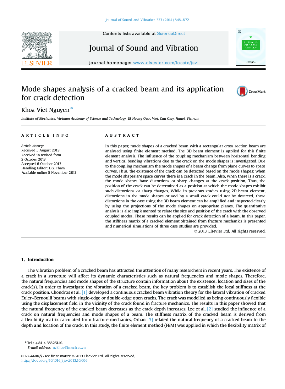 Mode shapes analysis of a cracked beam and its application for crack detection