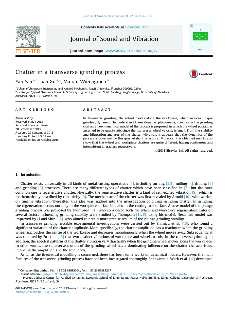 Chatter in a transverse grinding process