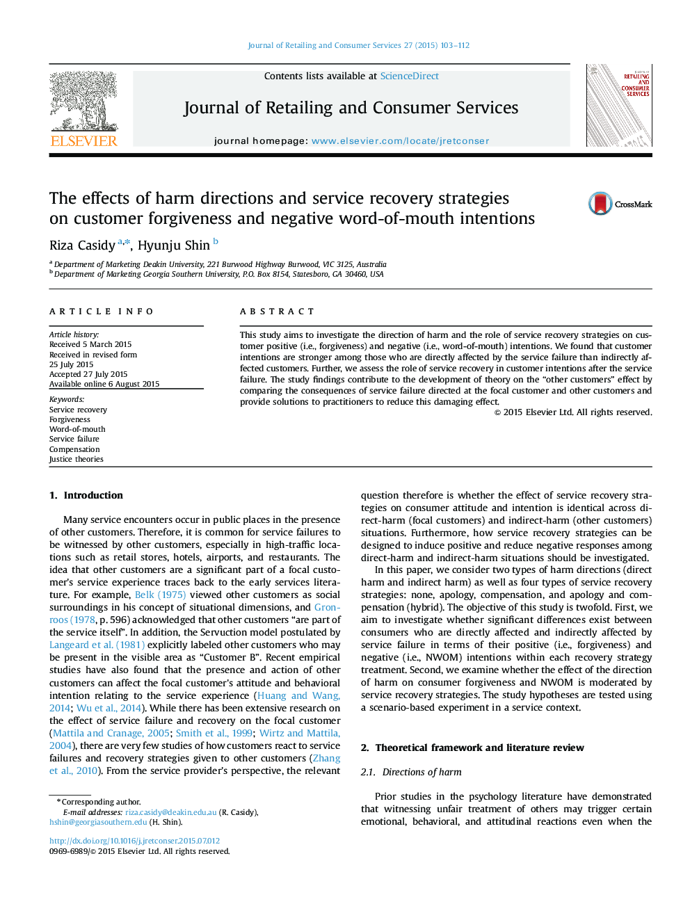 The effects of harm directions and service recovery strategies on customer forgiveness and negative word-of-mouth intentions