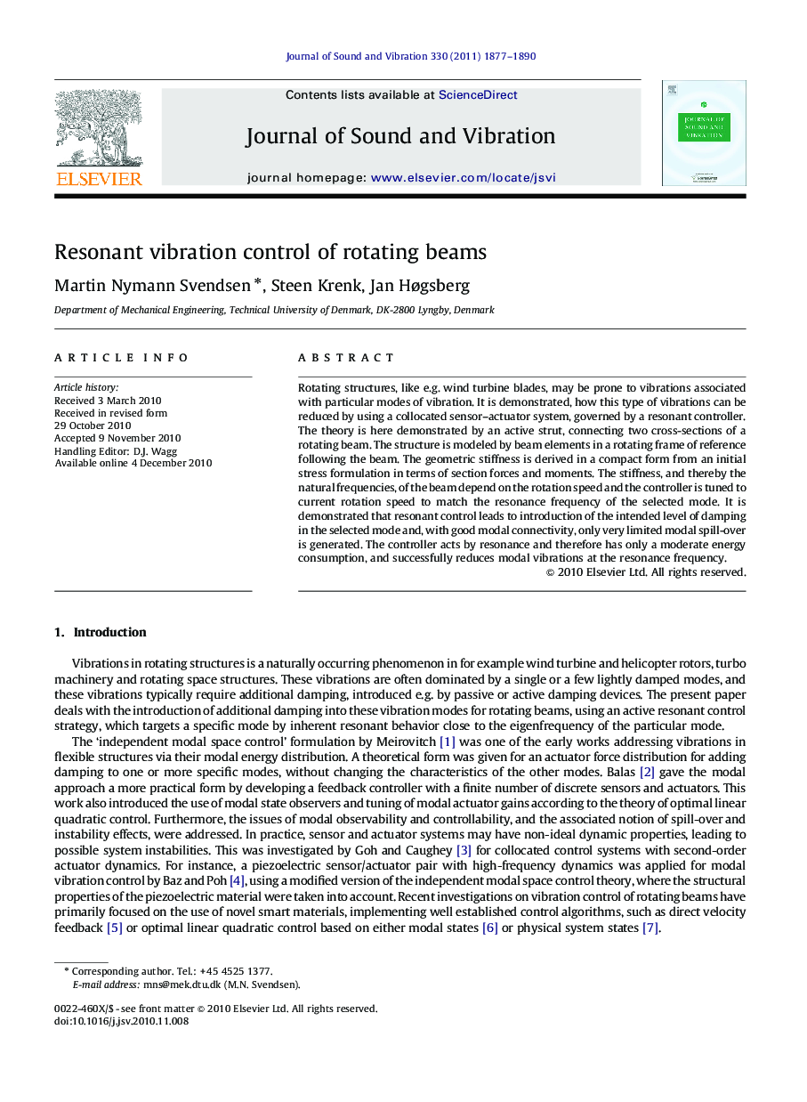 Resonant vibration control of rotating beams