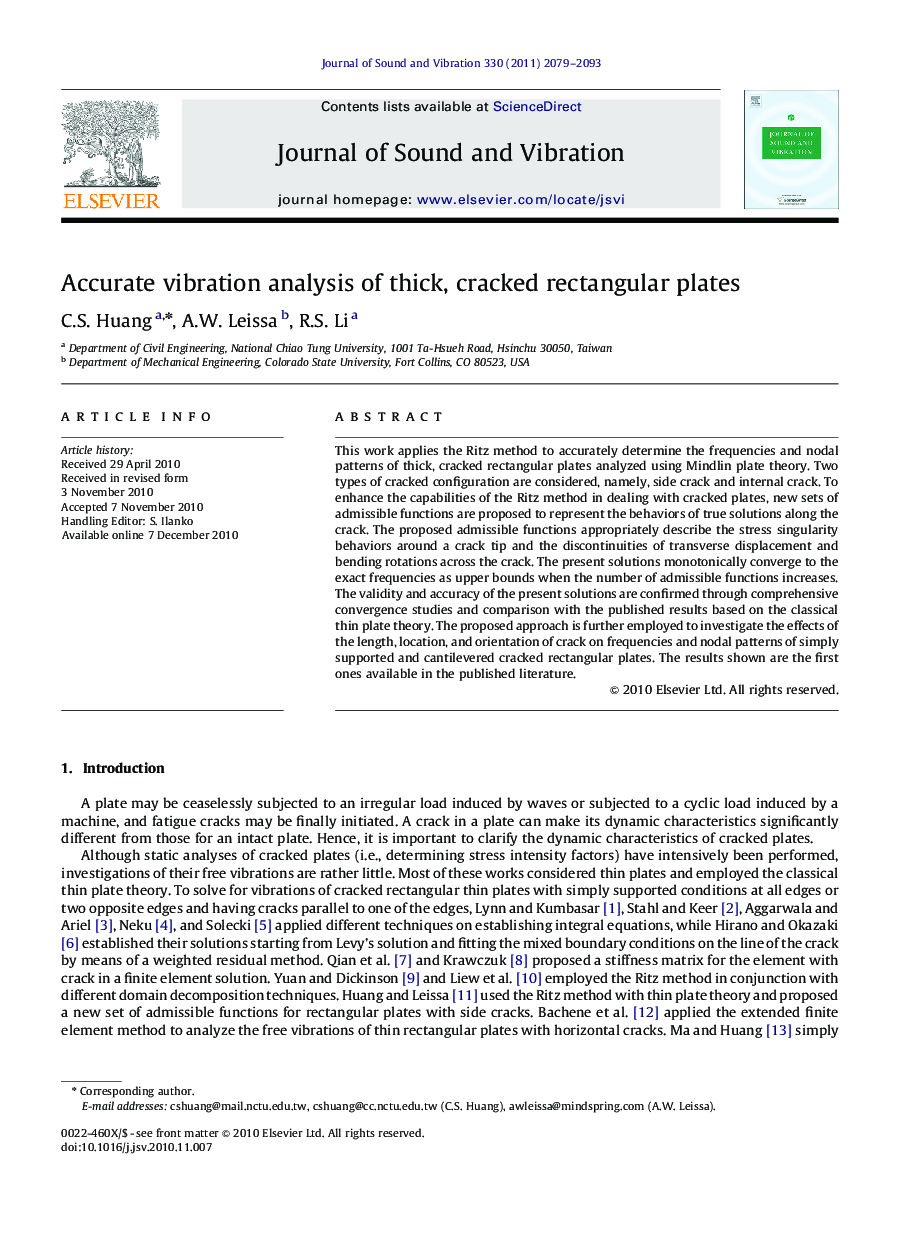 Accurate vibration analysis of thick, cracked rectangular plates