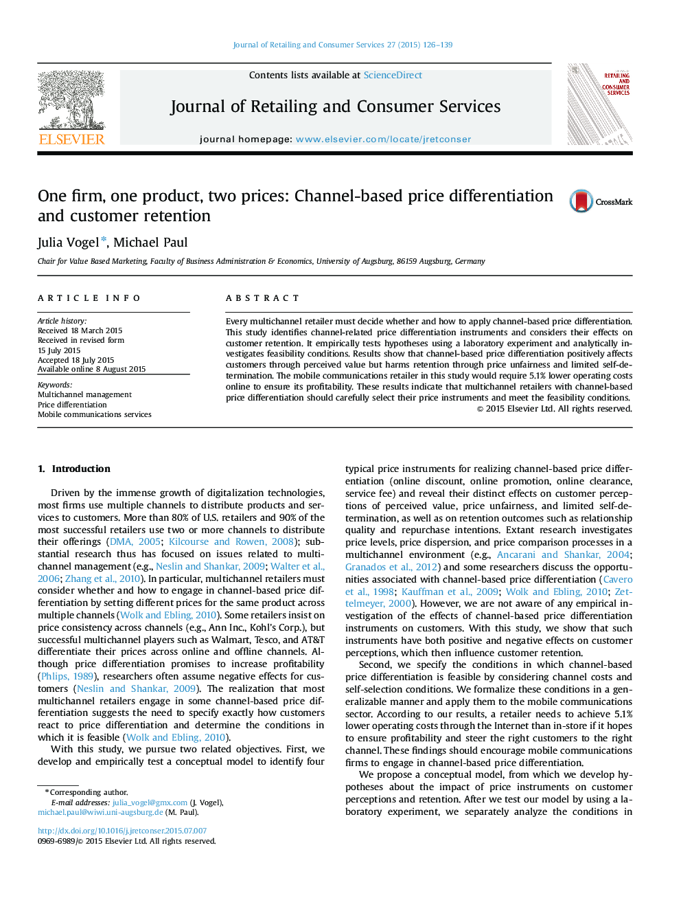 One firm, one product, two prices: Channel-based price differentiation and customer retention