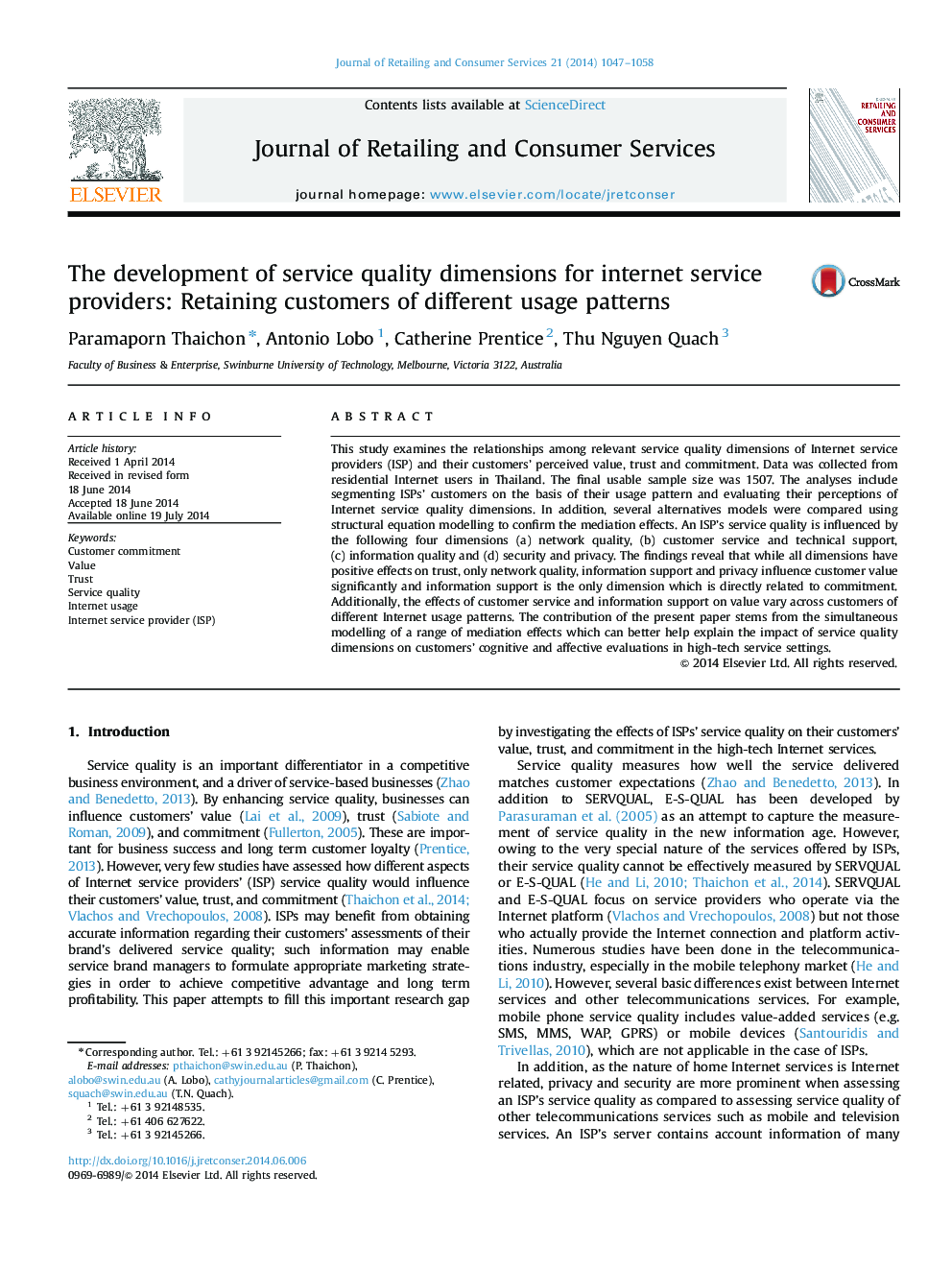 The development of service quality dimensions for internet service providers: Retaining customers of different usage patterns