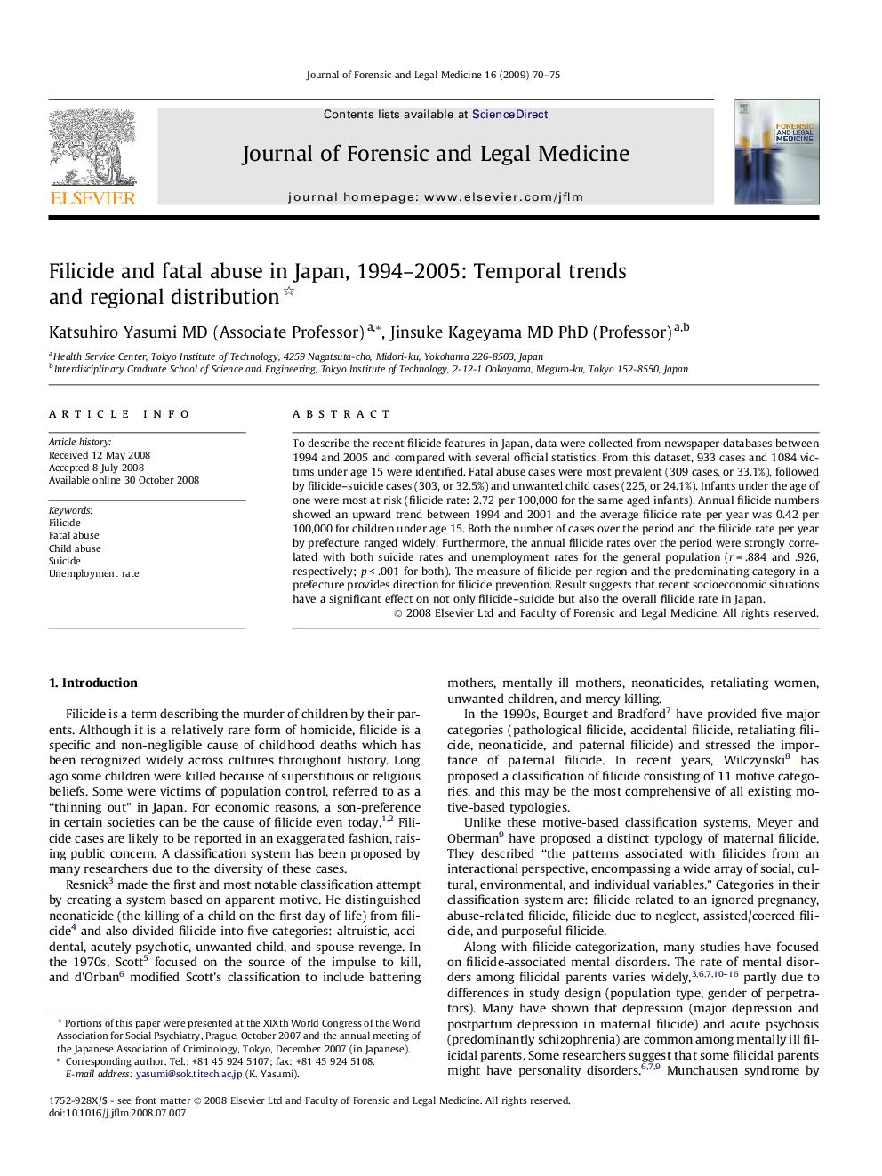 Filicide and fatal abuse in Japan, 1994–2005: Temporal trends and regional distribution 