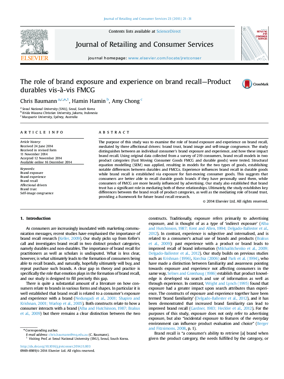 عکس صفحه اول مقاله: The role of brand exposure and experience on brand recall—Product durables vis-à-vis FMCG The role of brand exposure and experience on brand recall—Product durables vis-à-vis FMCG