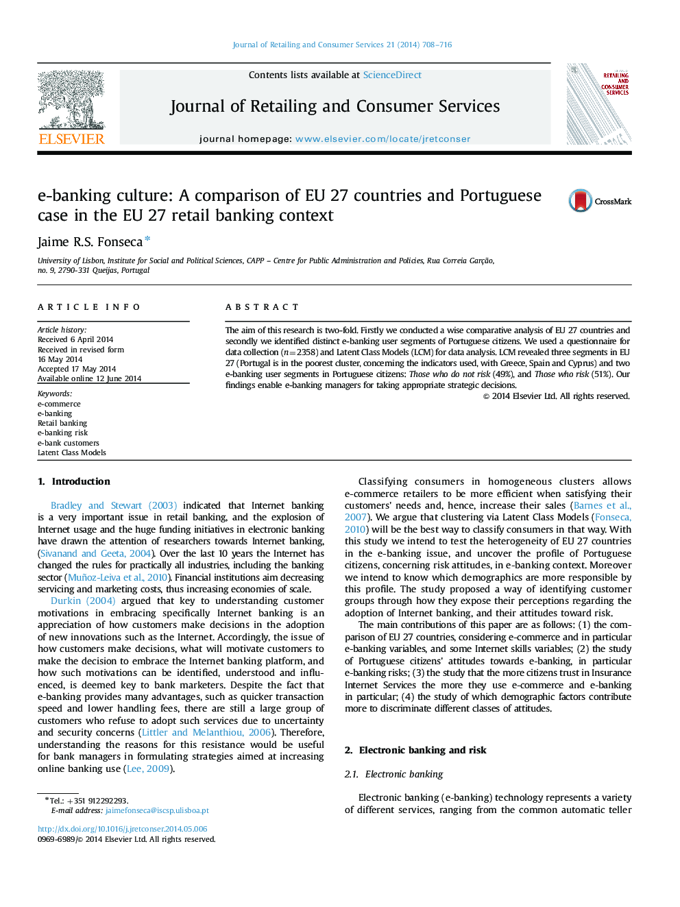 e-banking culture: A comparison of EU 27 countries and Portuguese case in the EU 27 retail banking context