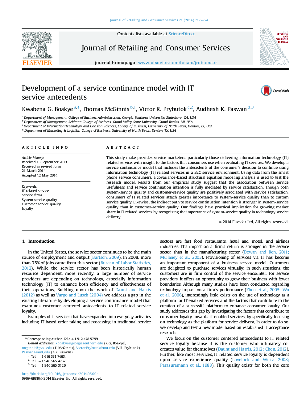 Development of a service continance model with IT service antecedents