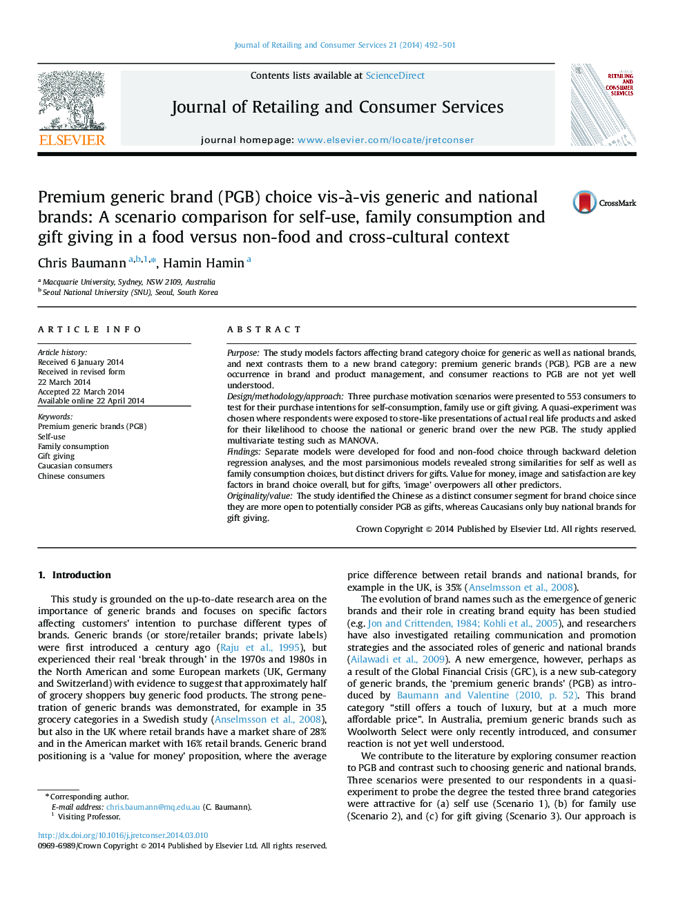 Premium generic brand (PGB) choice vis-à-vis generic and national brands: A scenario comparison for self-use, family consumption and gift giving in a food versus non-food and cross-cultural context