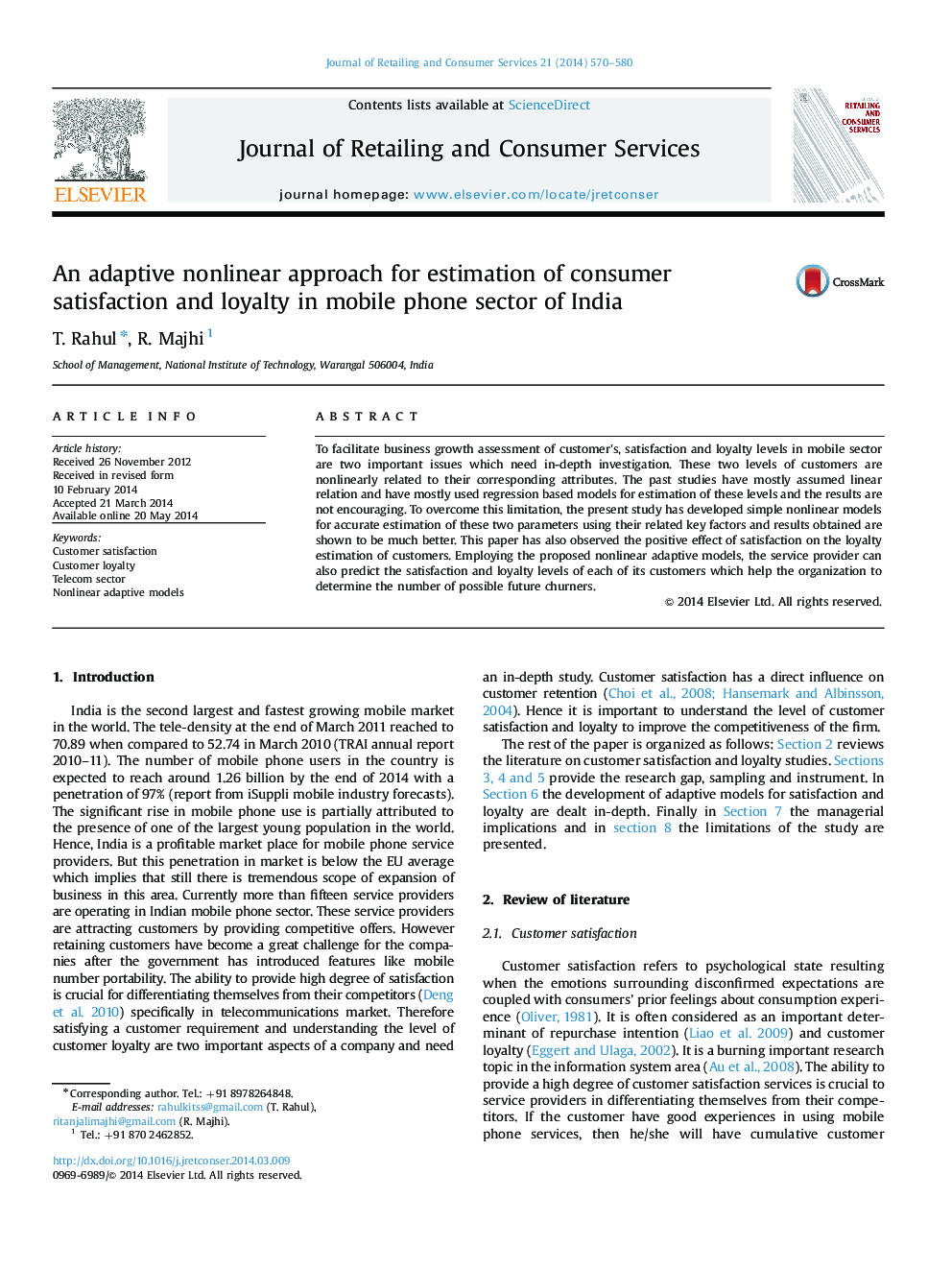 An adaptive nonlinear approach for estimation of consumer satisfaction and loyalty in mobile phone sector of India