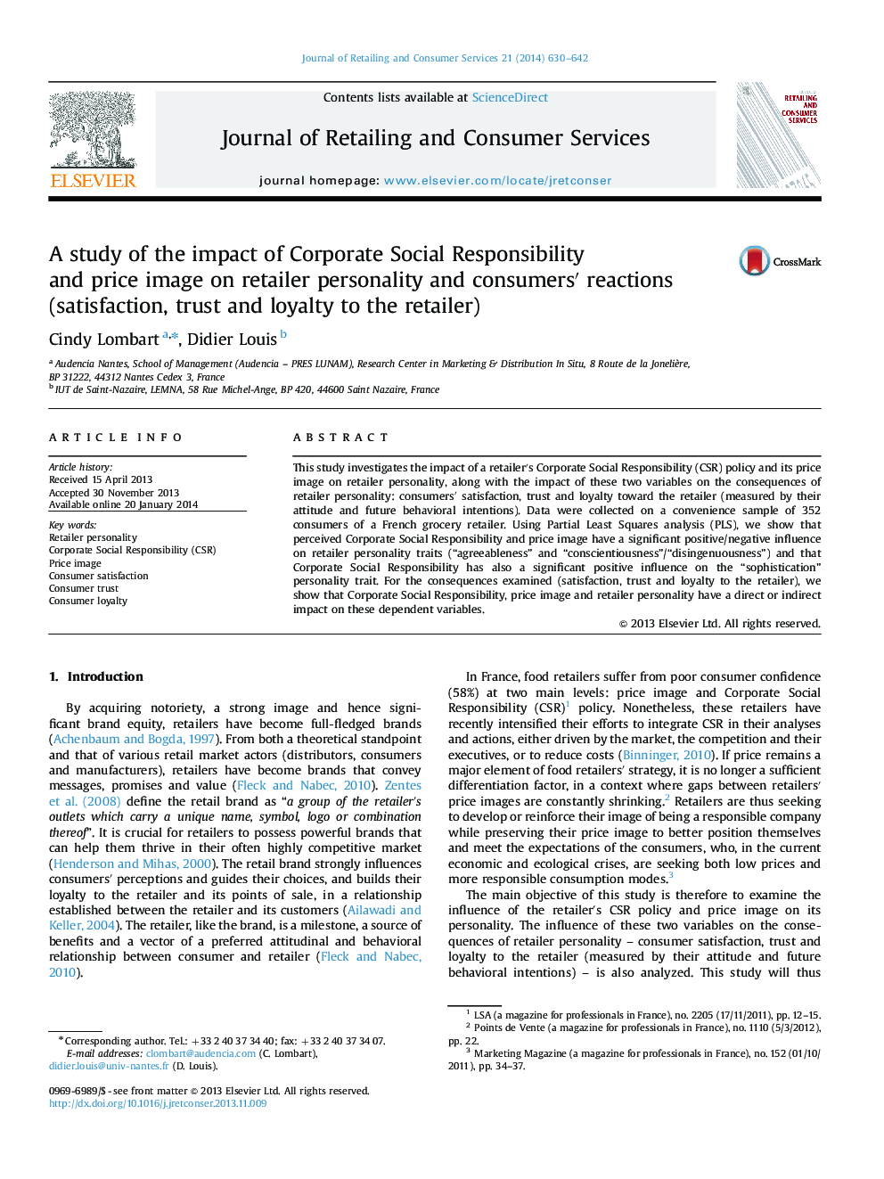 A study of the impact of Corporate Social Responsibility and price image on retailer personality and consumers' reactions (satisfaction, trust and loyalty to the retailer)