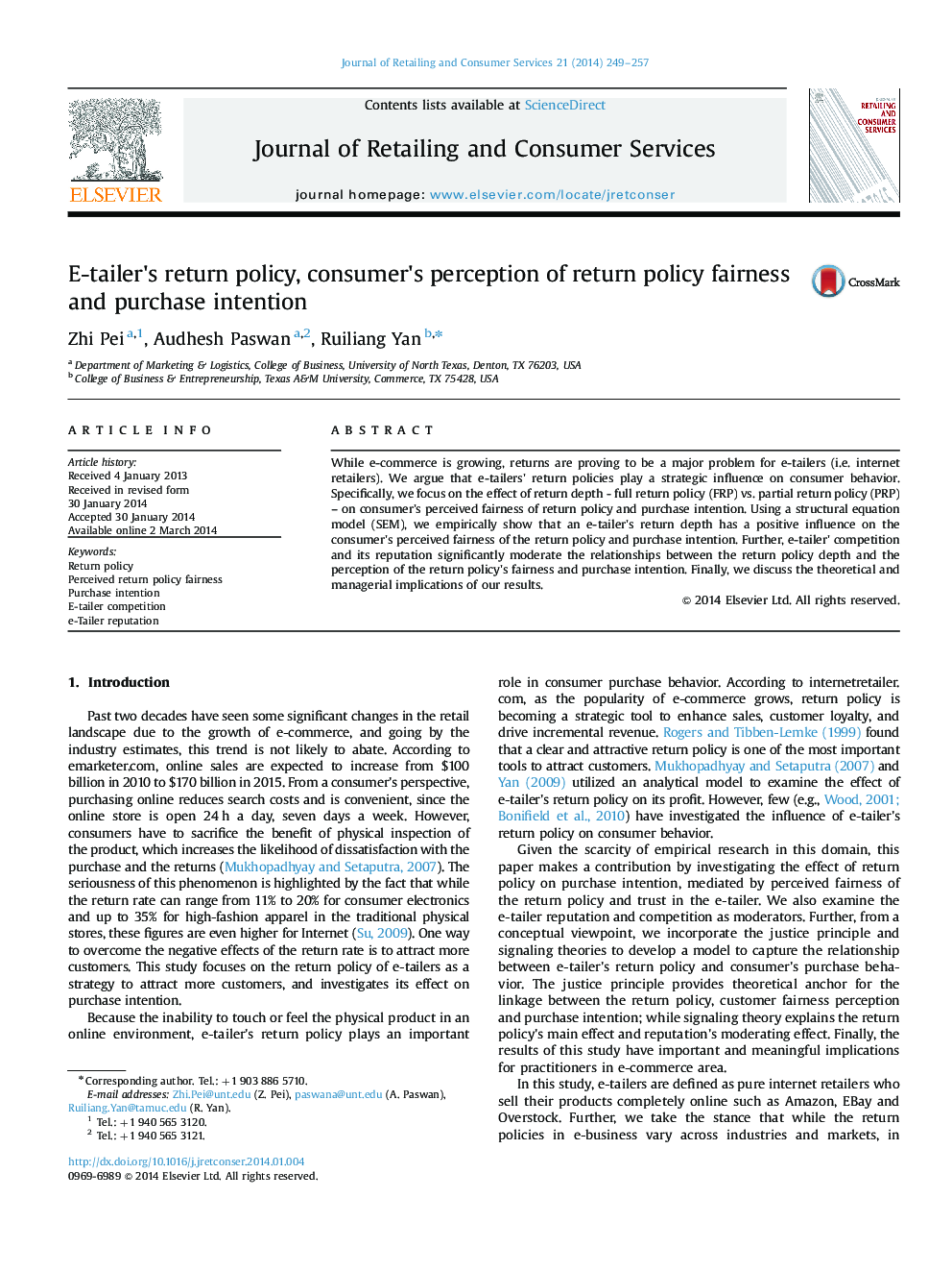 E-tailer׳s return policy, consumer׳s perception of return policy fairness and purchase intention