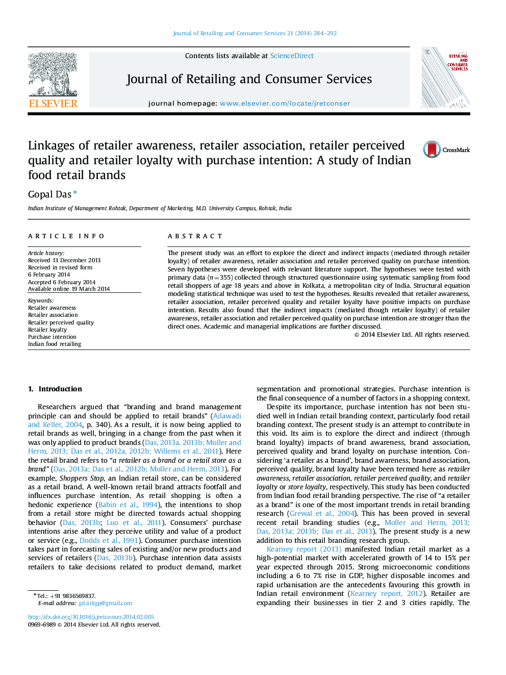 Linkages of retailer awareness, retailer association, retailer perceived quality and retailer loyalty with purchase intention: A study of Indian food retail brands