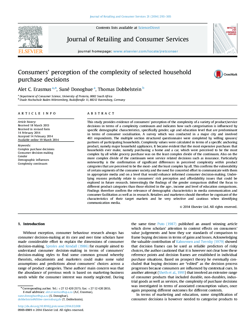 Consumers׳ perception of the complexity of selected household purchase decisions