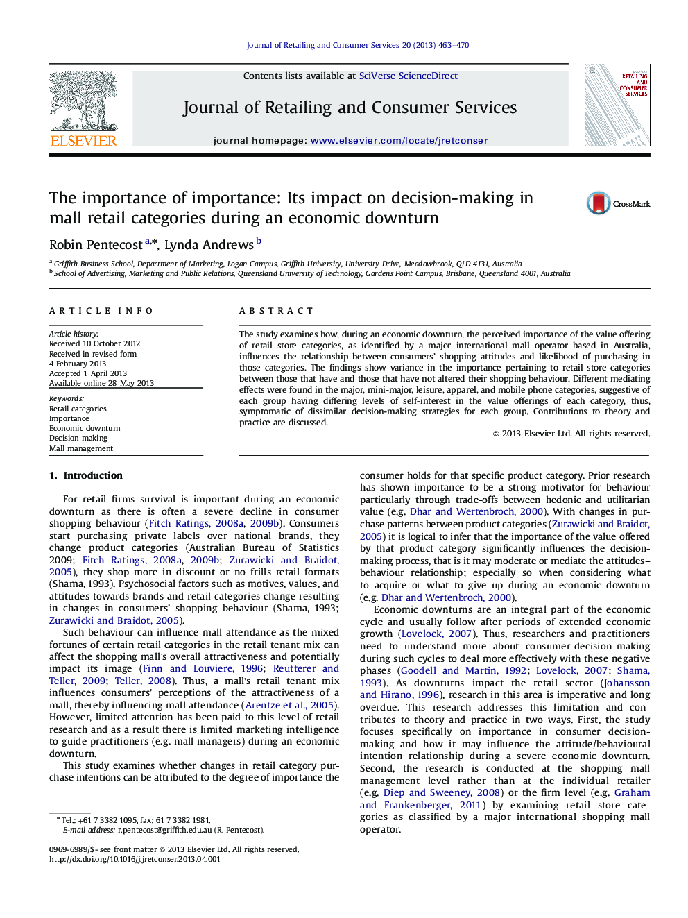 The importance of importance: Its impact on decision-making in mall retail categories during an economic downturn