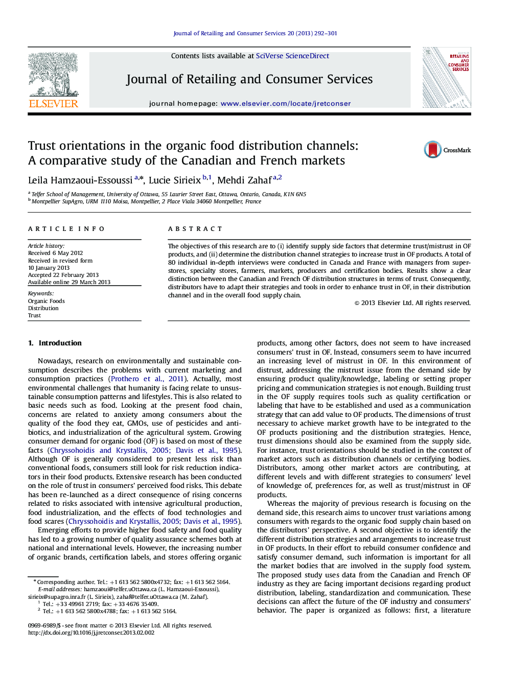 Trust orientations in the organic food distribution channels: A comparative study of the Canadian and French markets