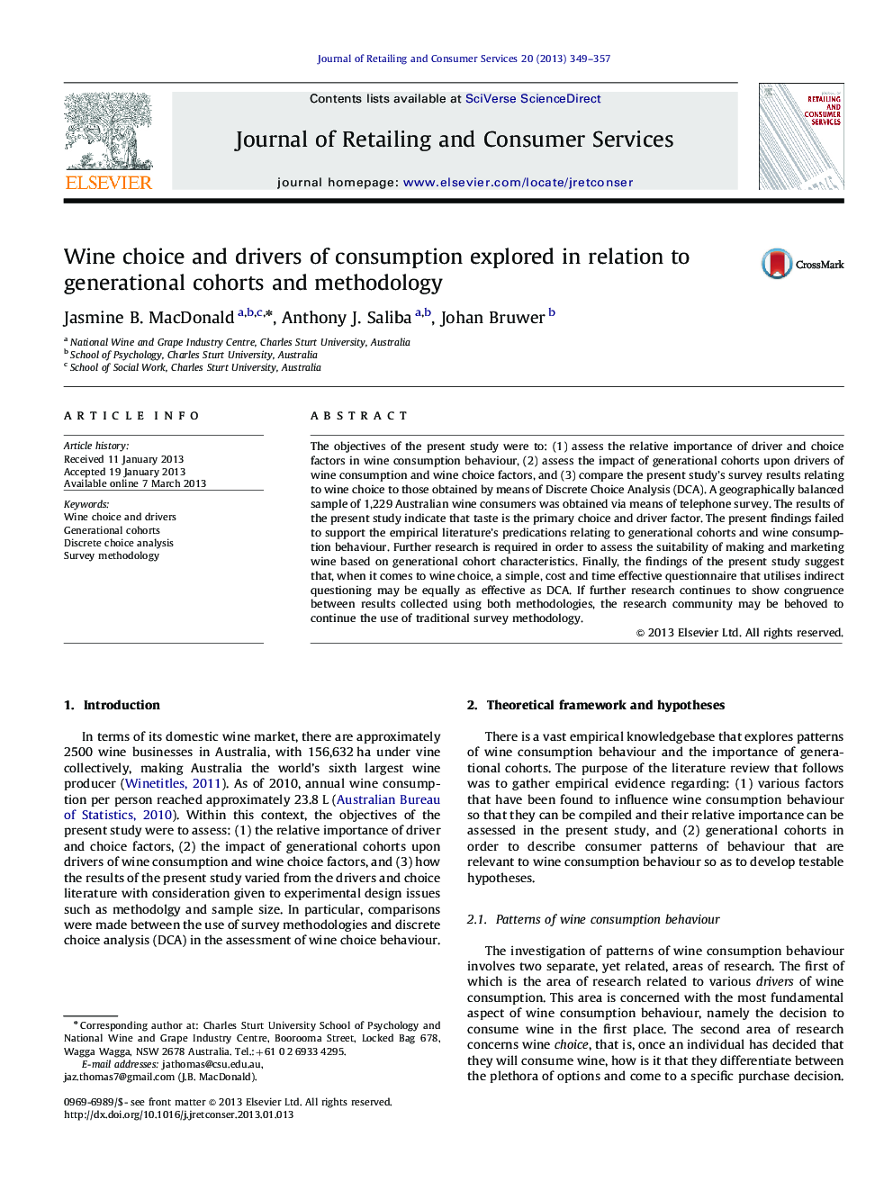 Wine choice and drivers of consumption explored in relation to generational cohorts and methodology