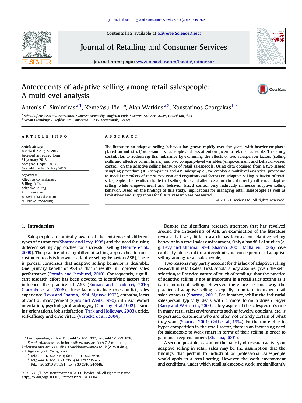 Antecedents of adaptive selling among retail salespeople: A multilevel analysis