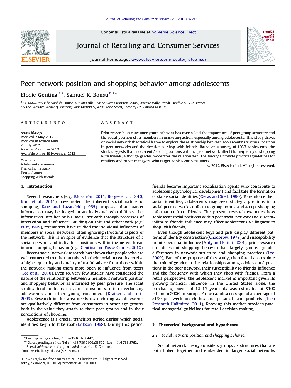 Peer network position and shopping behavior among adolescents