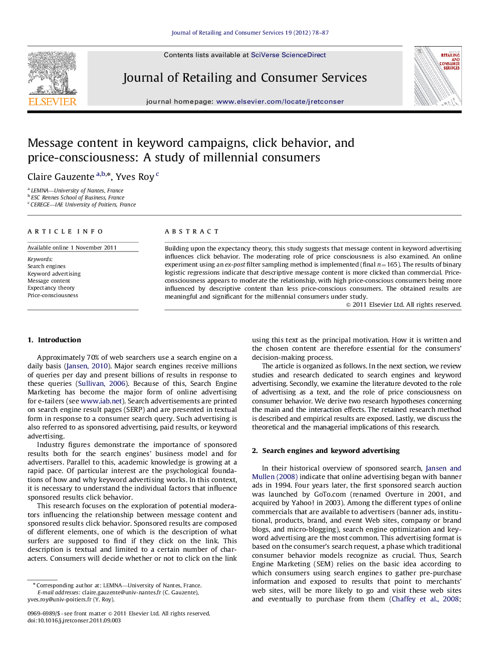 Message content in keyword campaigns, click behavior, and price-consciousness: A study of millennial consumers