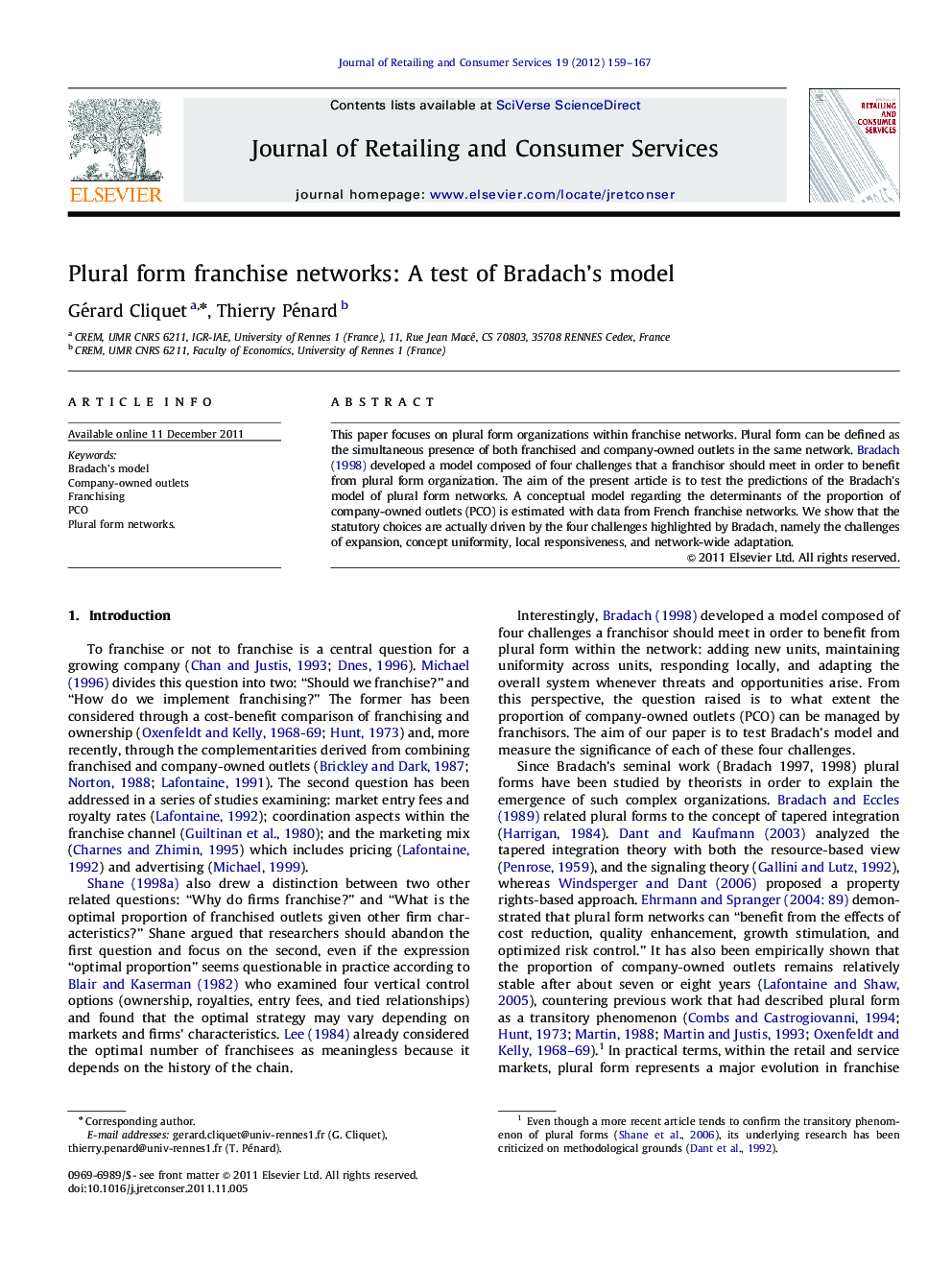 Plural form franchise networks: A test of Bradach’s model