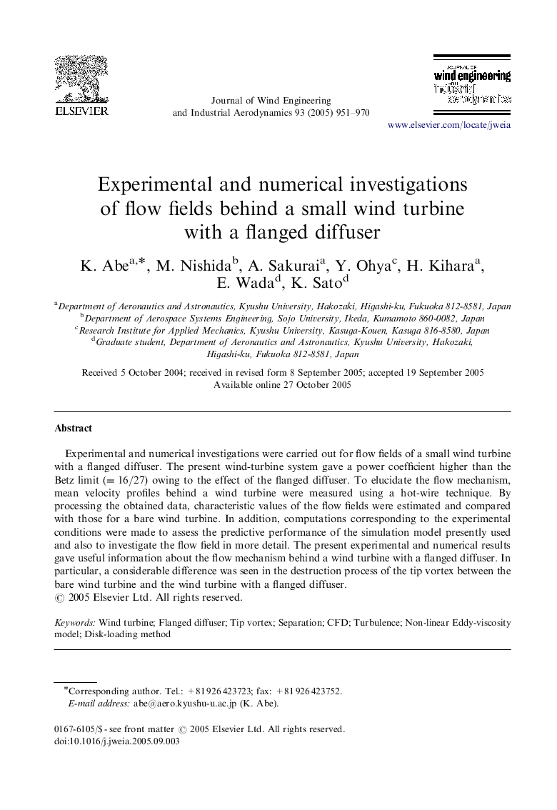 Experimental and numerical investigations of flow fields behind a small wind turbine with a flanged diffuser