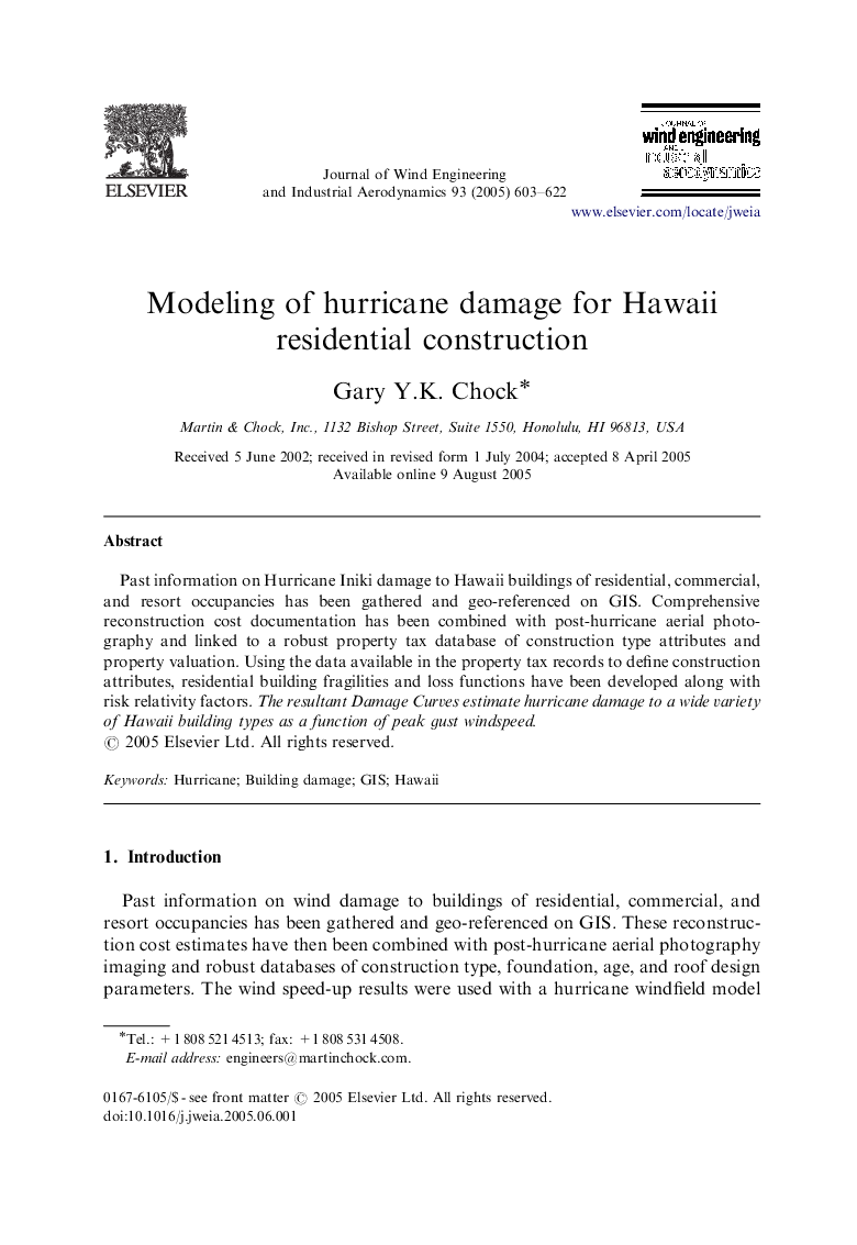 Modeling of hurricane damage for Hawaii residential construction