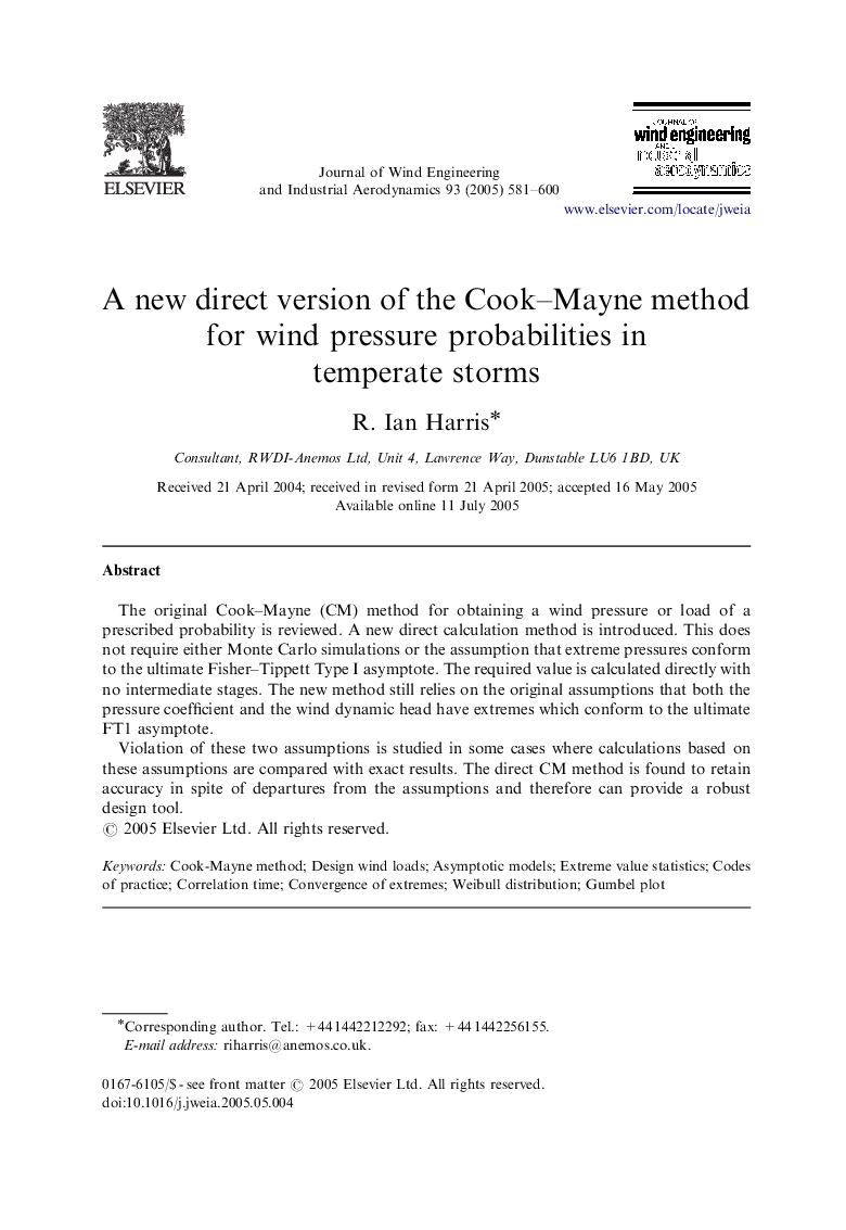 A new direct version of the Cook-Mayne method for wind pressure probabilities in temperate storms