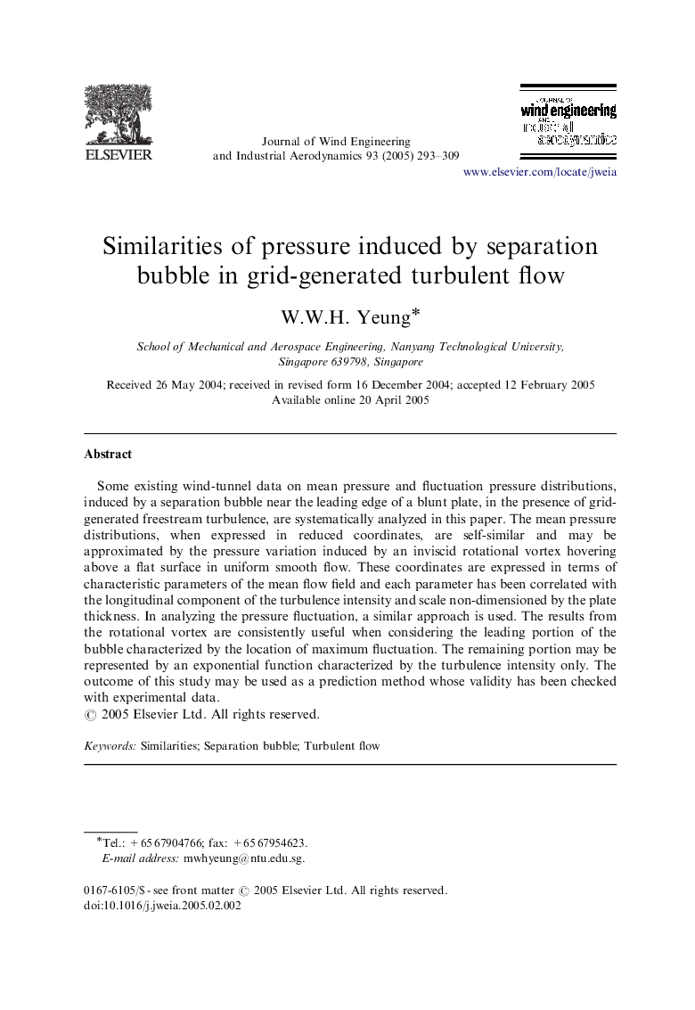 Similarities of pressure induced by separation bubble in grid-generated turbulent flow