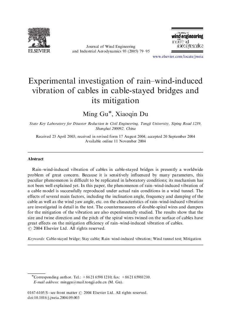 Experimental investigation of rain-wind-induced vibration of cables in cable-stayed bridges and its mitigation