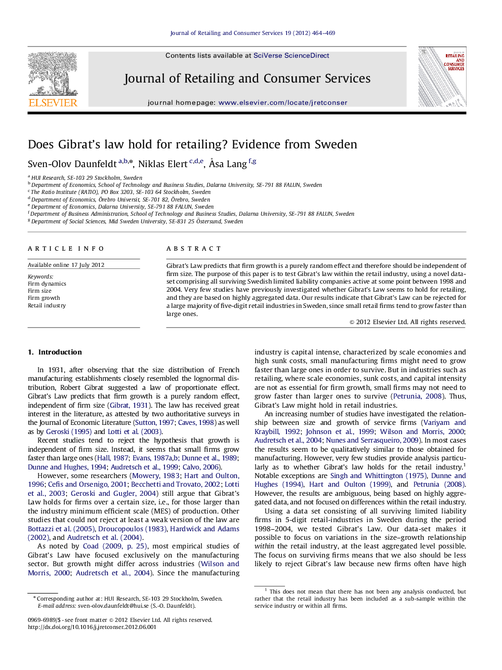 Does Gibrat's law hold for retailing? Evidence from Sweden