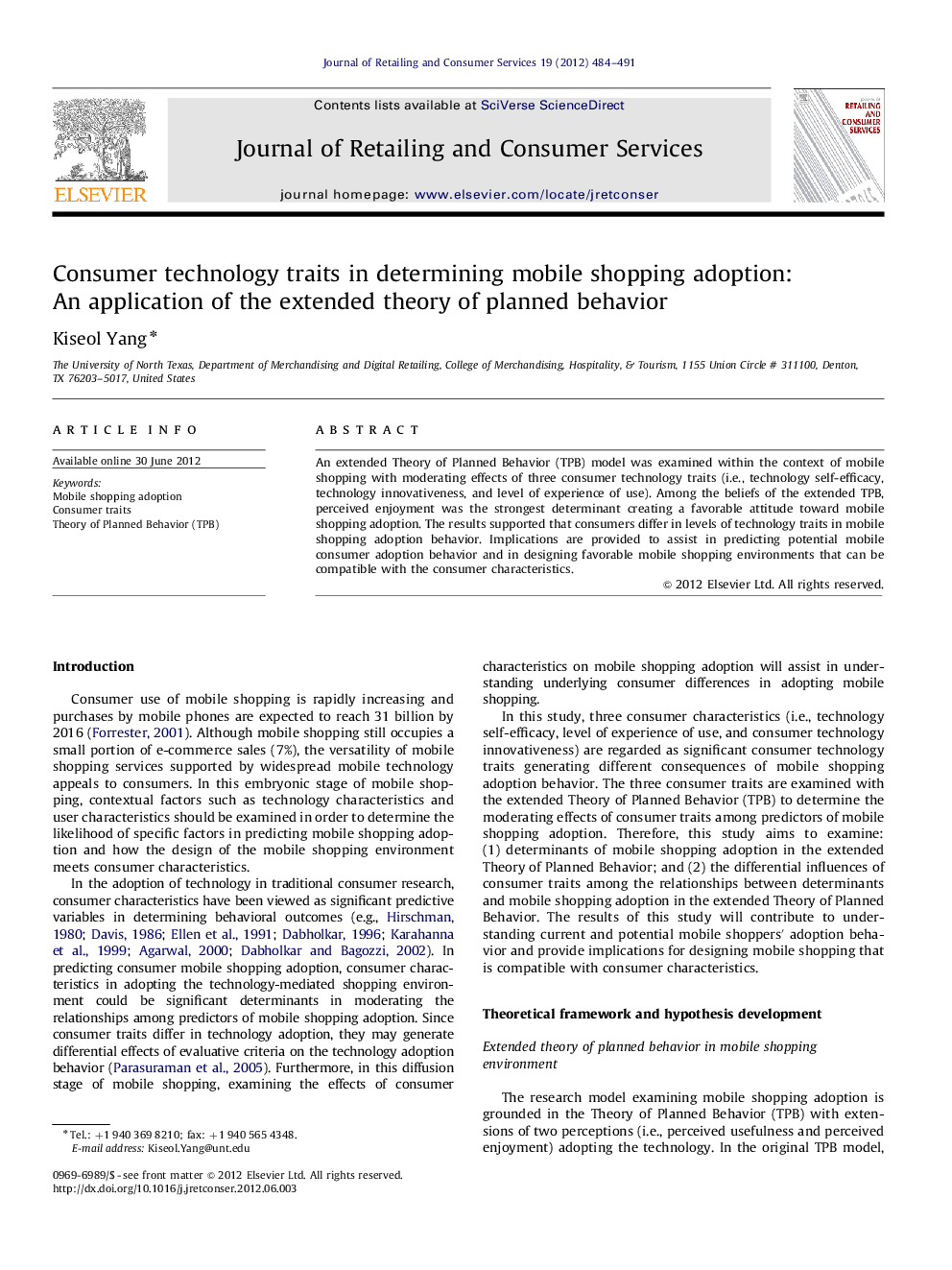 Consumer technology traits in determining mobile shopping adoption: An application of the extended theory of planned behavior