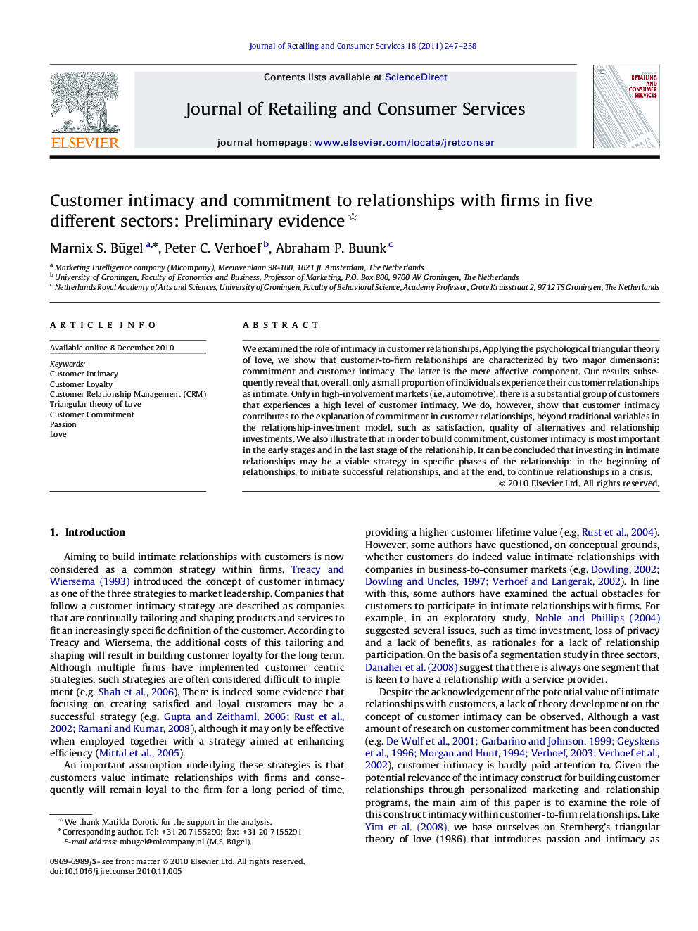 Customer intimacy and commitment to relationships with firms in five different sectors: Preliminary evidence 