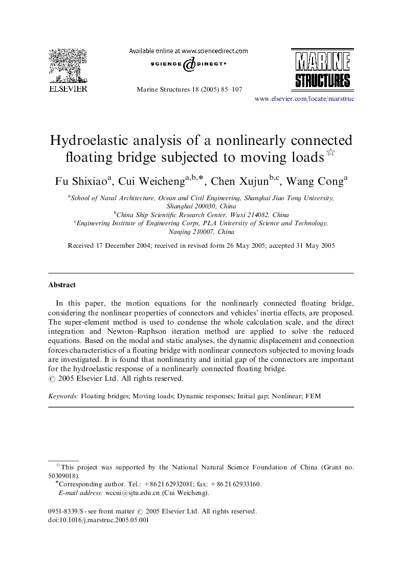 Hydroelastic analysis of a nonlinearly connected floating bridge subjected to moving loads