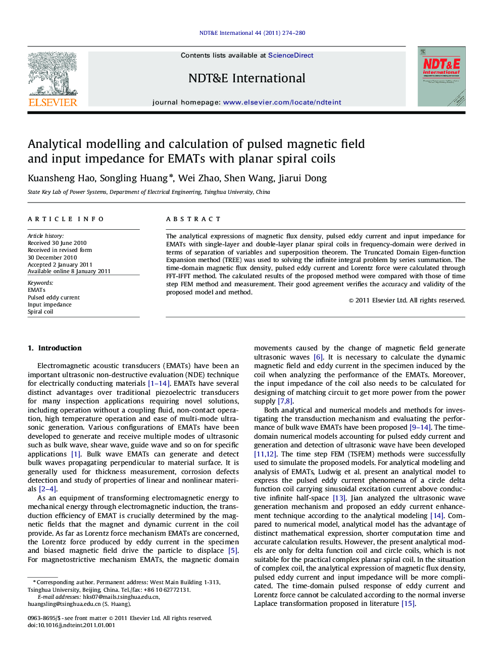 Analytical modelling and calculation of pulsed magnetic field and input impedance for EMATs with planar spiral coils