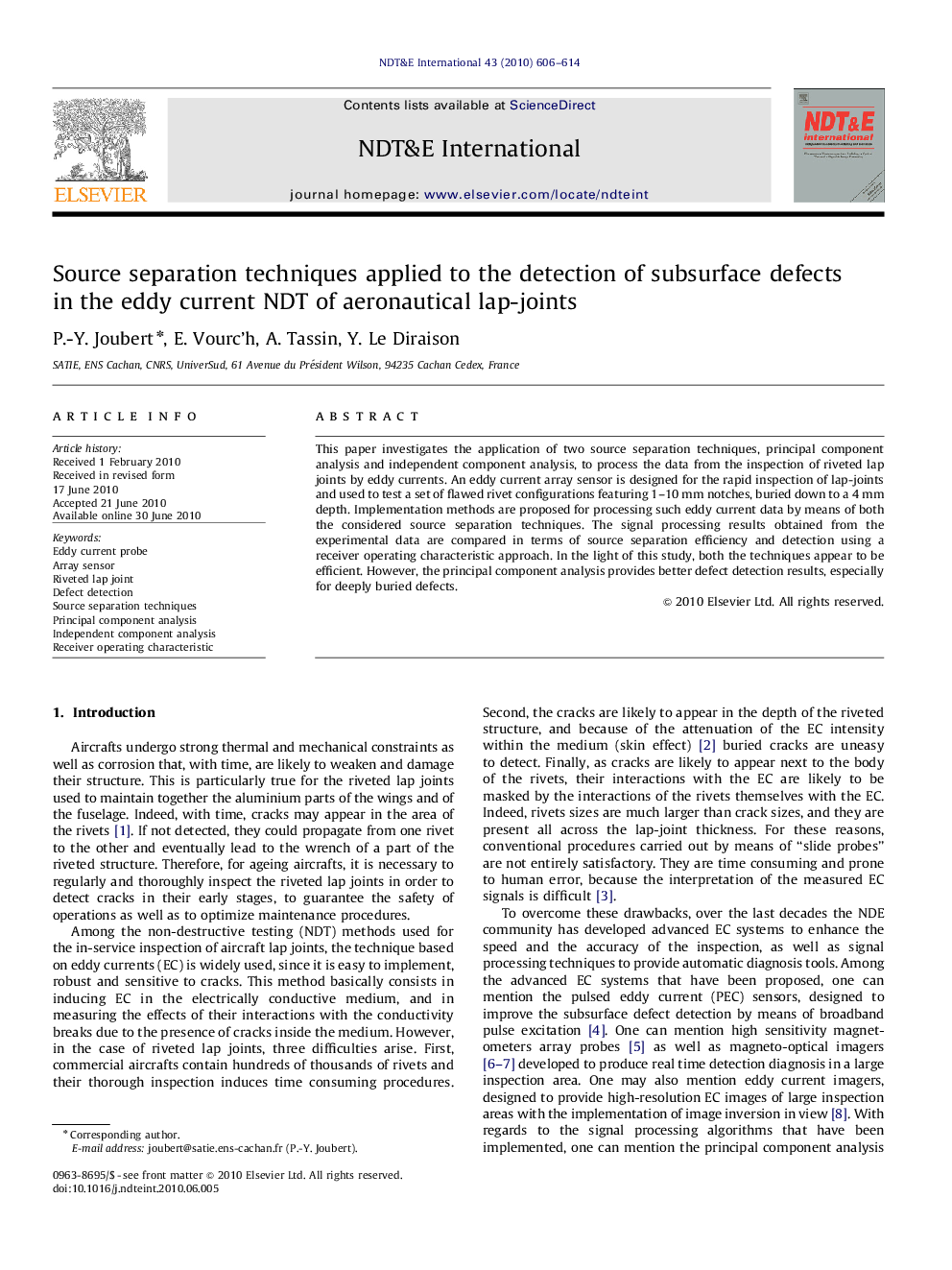 Source separation techniques applied to the detection of subsurface defects in the eddy current NDT of aeronautical lap-joints