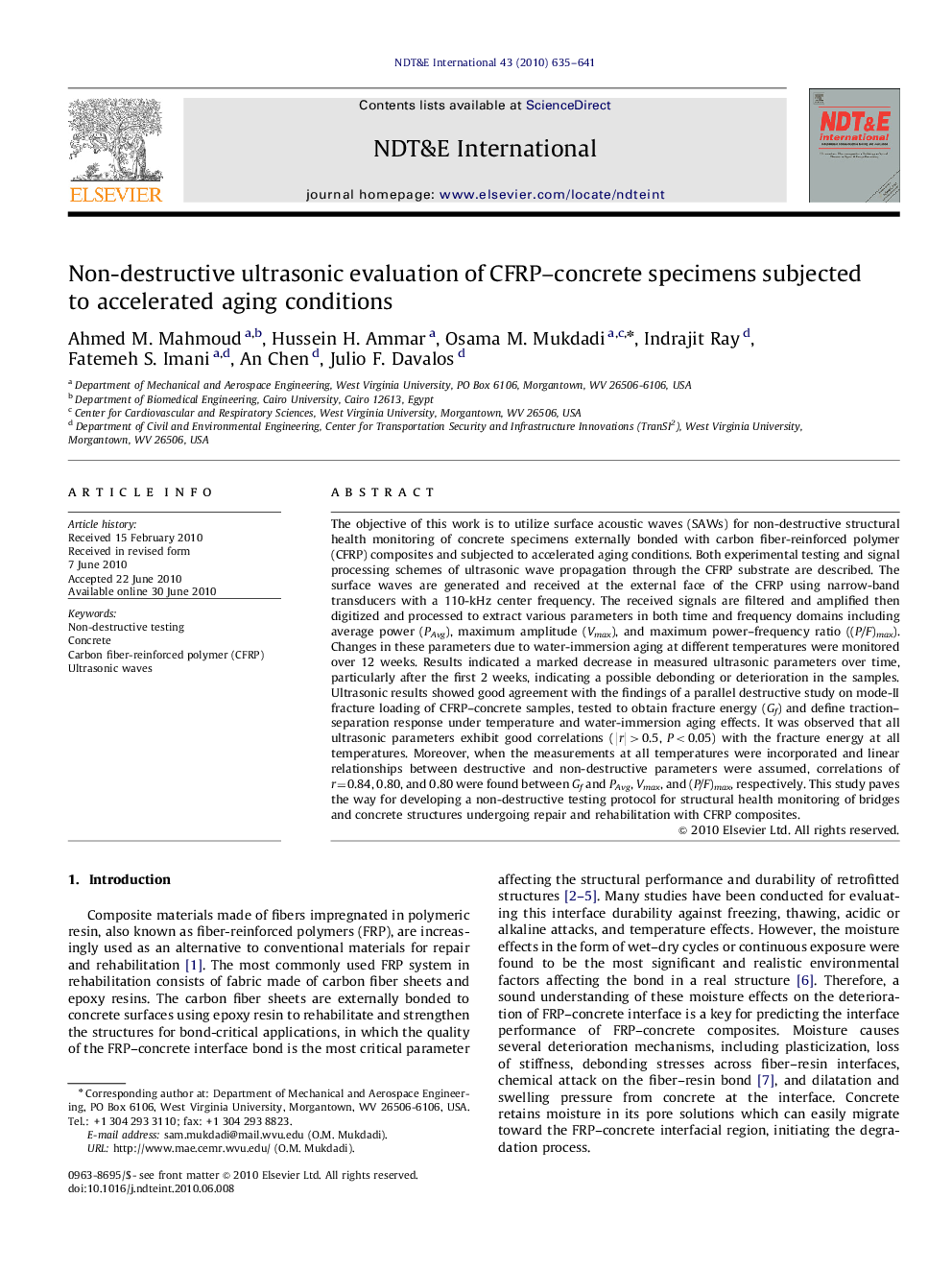 Non-destructive ultrasonic evaluation of CFRP-concrete specimens subjected to accelerated aging conditions