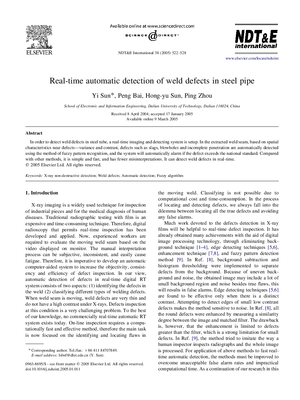 Real-time automatic detection of weld defects in steel pipe